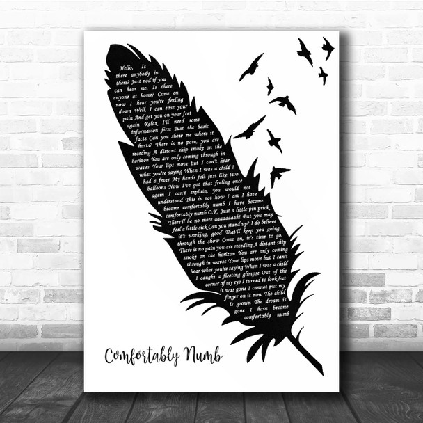 Pink Floyd Comfortably Numb Black & White Feather & Birds Song Lyric Print
