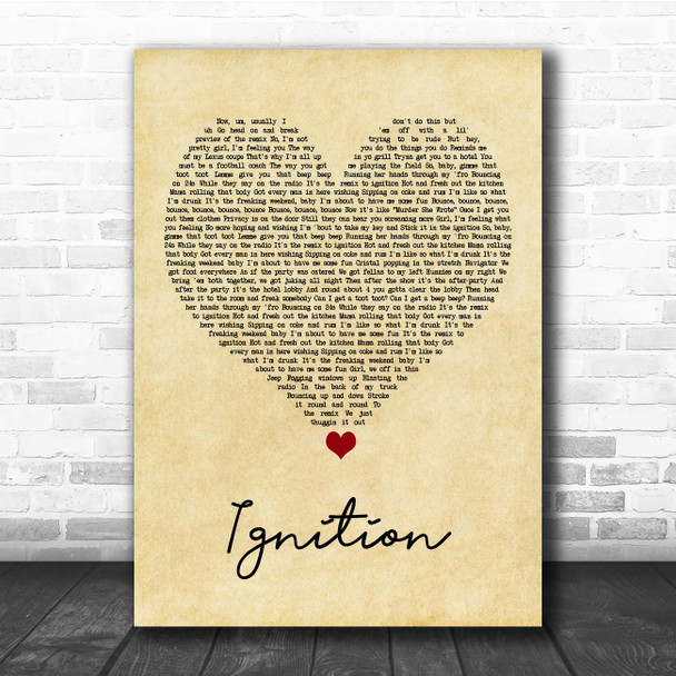 R Kelly Ignition Vintage Heart Song Lyric Print