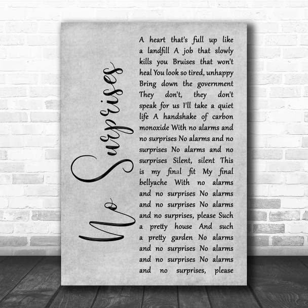 Radiohead No Surprises Grey Rustic Script Song Lyric Print