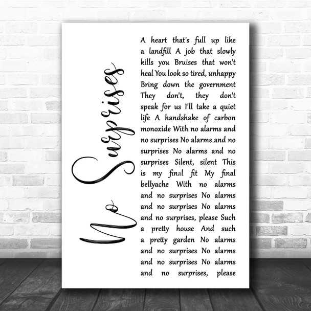 Radiohead No Surprises White Script Song Lyric Print