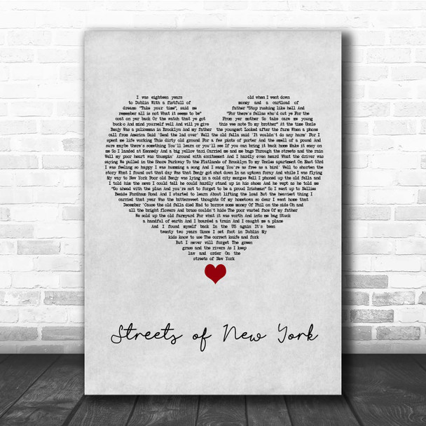 Ryan McMullan Streets of New York Grey Heart Song Lyric Print