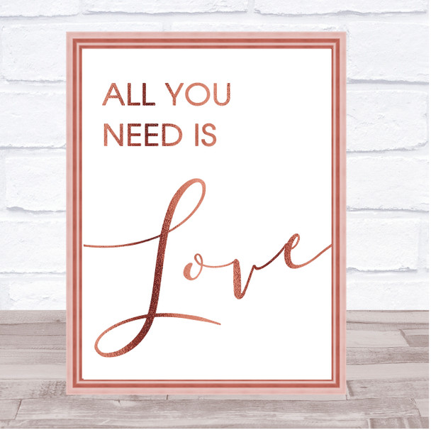 Rose Gold Beatles All You Need Is Love Song Lyric Music Wall Art Print