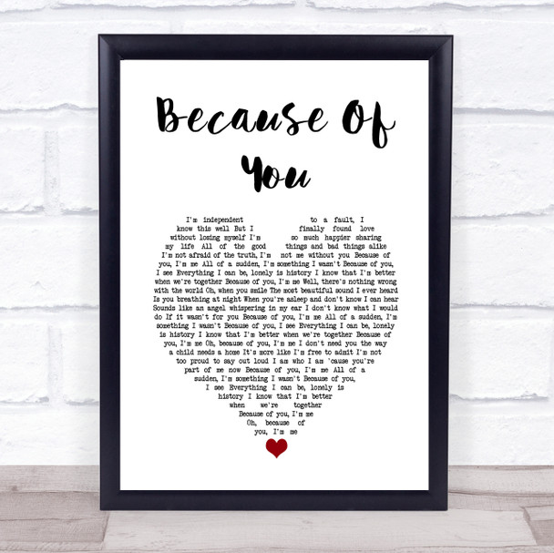 Shania Twain Because Of You White Heart Song Lyric Print