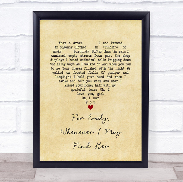 Simon & Garfunkel For Emily, Whenever I May Find Her Vintage Heart Song Lyric Print