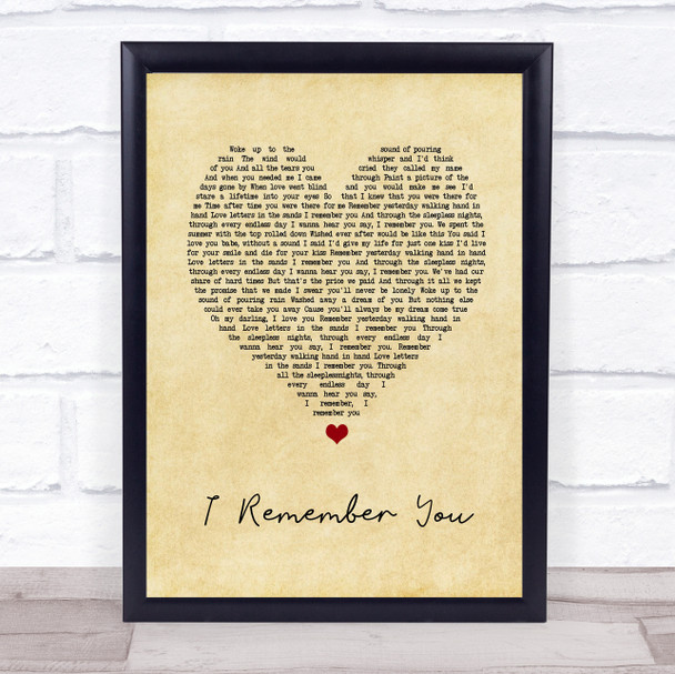 Skid Row I Remember You Vintage Heart Song Lyric Print