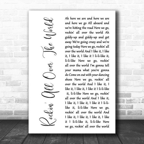 Status Quo Rockin' All Over The World White Script Song Lyric Print