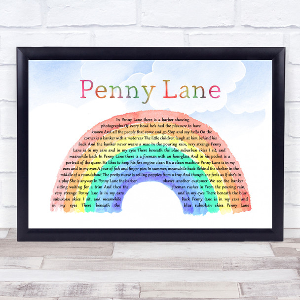 The Beatles Penny Lane Watercolour Rainbow & Clouds Song Lyric Print