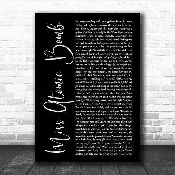 The Killers Miss Atomic Bomb Black Script Song Lyric Print