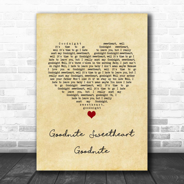 The Spaniels Goodnite Sweetheart Goodnite Vintage Heart Song Lyric Print