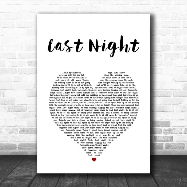 The Vamps Last Night White Heart Song Lyric Print