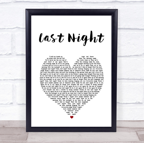 The Vamps Last Night White Heart Song Lyric Print