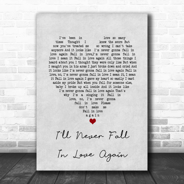 Tom Jones I'll Never Fall In Love Again Grey Heart Song Lyric Print