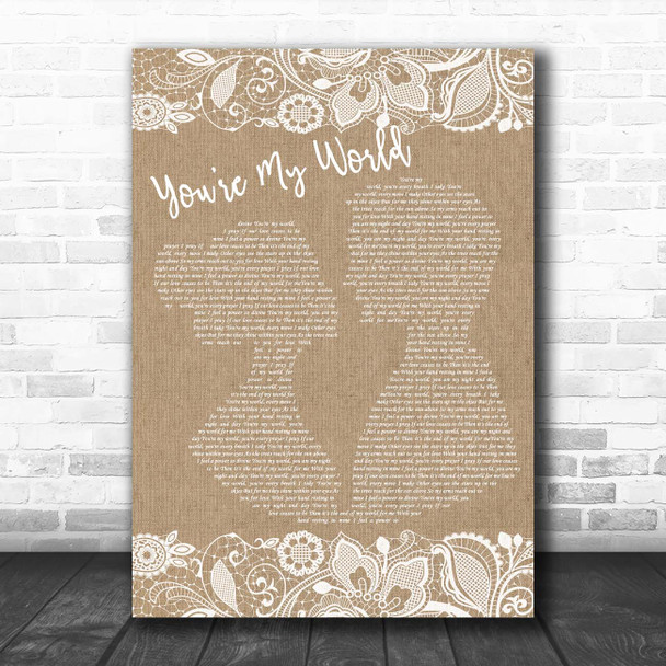 Tom Jones You're My World Burlap & Lace Song Lyric Print