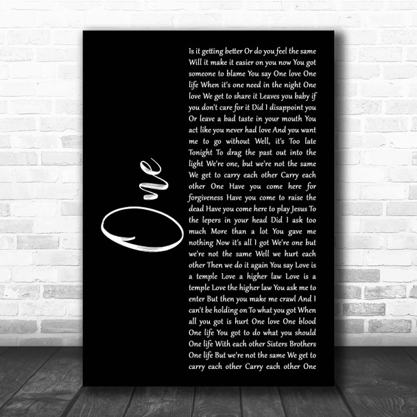 U2 One Black Script Song Lyric Print