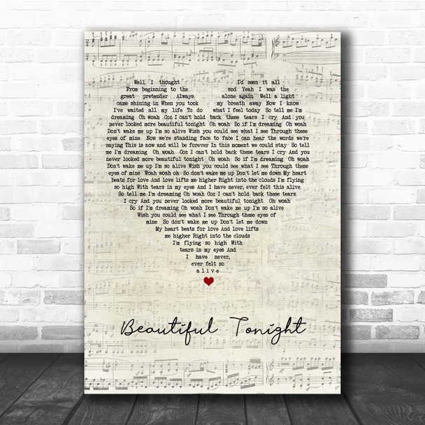 Westlife Beautiful Tonight Script Heart Song Lyric Print