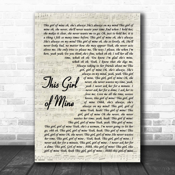 White Animals This Girl of Mine Vintage Script Song Lyric Print