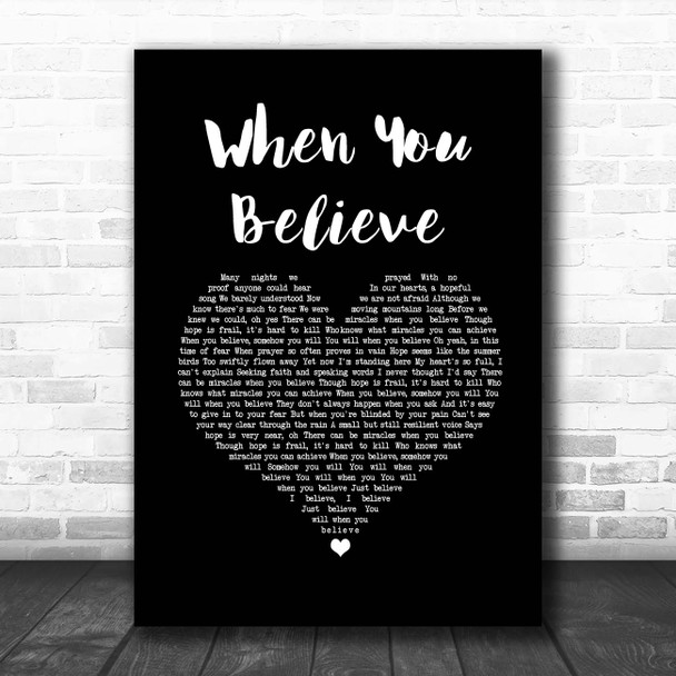 Whitney Houston & Mariah Carey When You Believe Black Heart Song Lyric Print