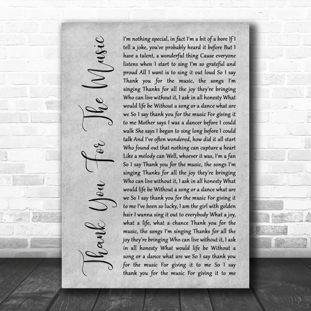 ABBA Thank You For The Music Grey Rustic Script Song Lyric Music Art Print