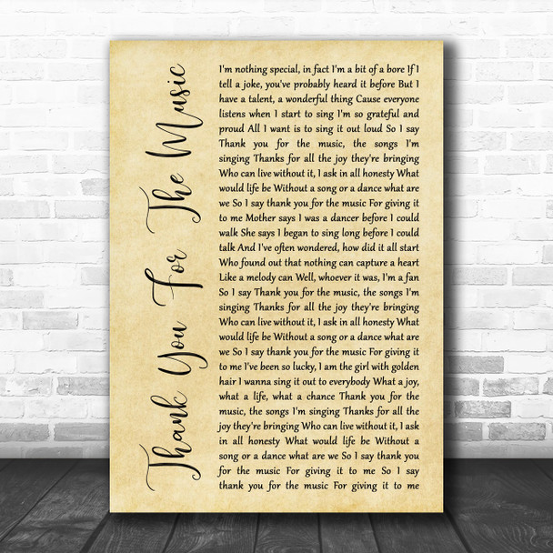 ABBA Thank You For The Music Rustic Script Song Lyric Music Art Print