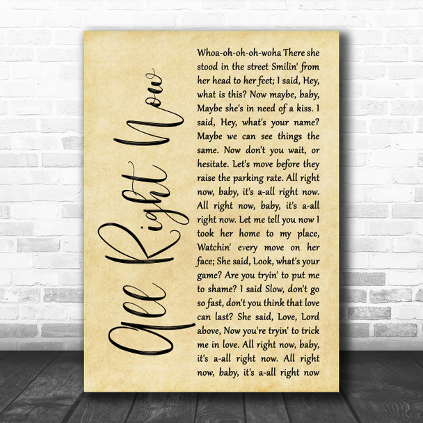 Free All Right Now Rustic Script Song Lyric Music Art Print