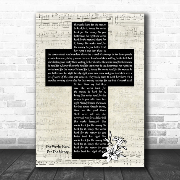 Donna Summer She Works Hard For The Money Music Script Christian Memorial Cross Song Lyric Music Art Print
