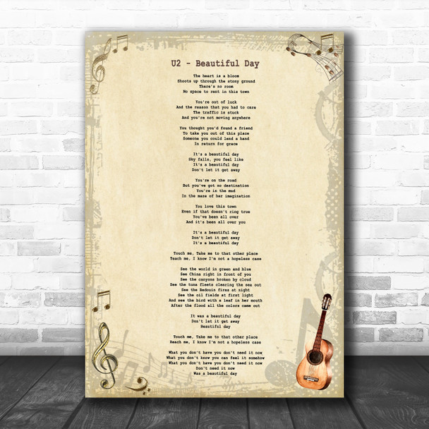U2 Beautiful Day Vintage Guitar Song Lyric Music Art Print