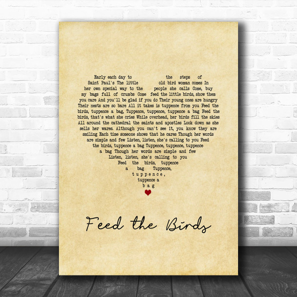 Julie Andrews - Mary Poppins Feed the Birds Vintage Heart Song Lyric Music Art Print
