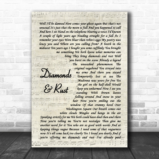 Joan Baez Diamonds & Rust Vintage Script Song Lyric Music Art Print