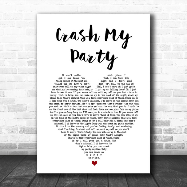 Luke Bryan Crash My Party White Heart Song Lyric Music Art Print