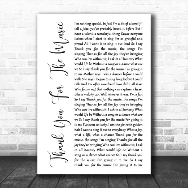 ABBA Thank You For The Music White Script Song Lyric Music Art Print