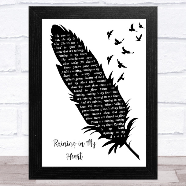 Buddy Holly Raining in My Heart Black & White Feather & Birds Song Lyric Art Print