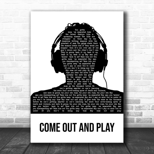 The Offspring Come Out And Play Black & White Man Headphones Song Lyric Art Print