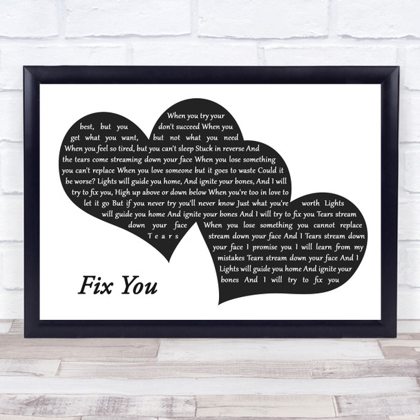 Coldplay Fix You Landscape Black & White Two Hearts Song Lyric Art Print