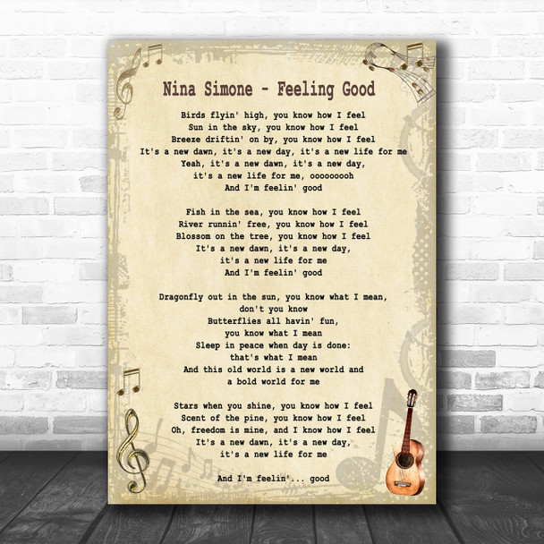 Nina Simone - Feeling Good Song Lyric Guitar Music Wall Art Print