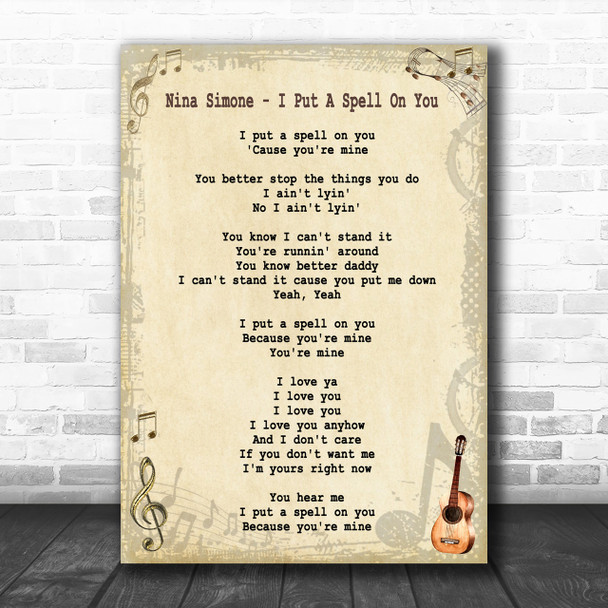 Nina Simone - I Put A Spell On You Song Lyric Guitar Music Wall Art Print