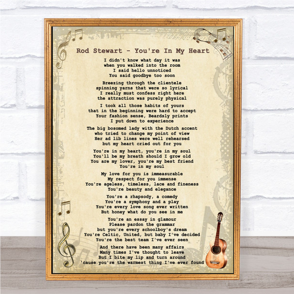 Rod Stewart - You're In My Heart Song Lyric Guitar Music Wall Art Print