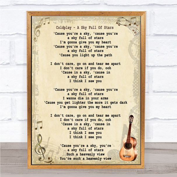 Coldplay A Sky Full Of Stars Song Lyric Vintage Music Wall Art Print