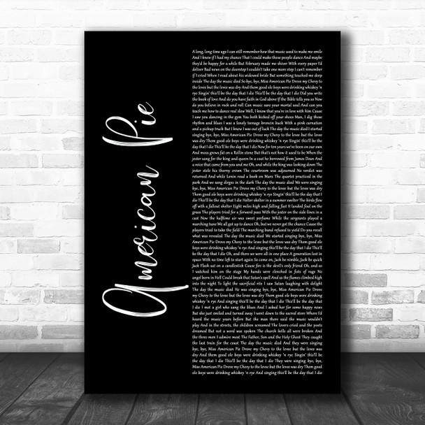 Don McLean American Pie Black Script Song Lyric Art Print