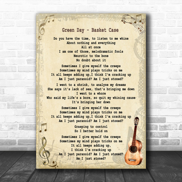 Green Day Basket Case Song Lyric Vintage Music Wall Art Print