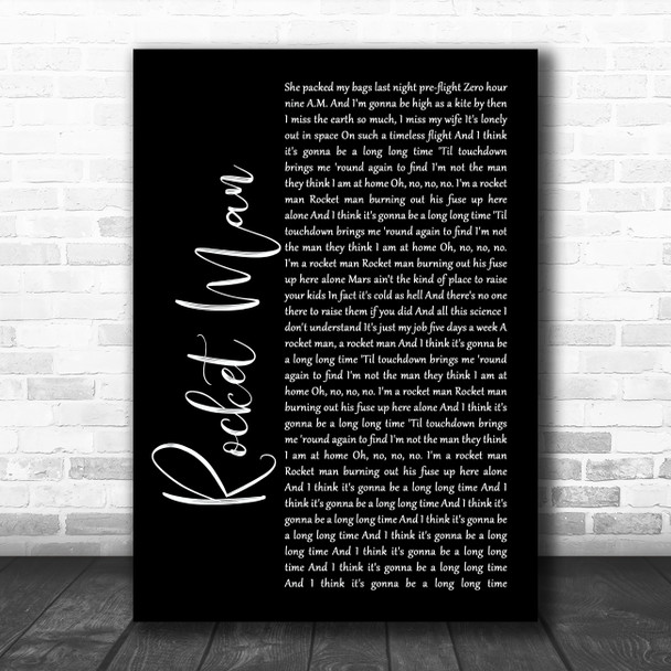 Elton John Rocket Man Black Script Song Lyric Art Print