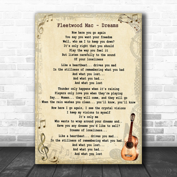 Fleetwood Mac Dreams Song Lyric Vintage Music Wall Art Print