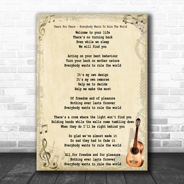 Tears For Fears Everybody Wants To Rule The World Song Lyric Vintage Music Wall Art Print