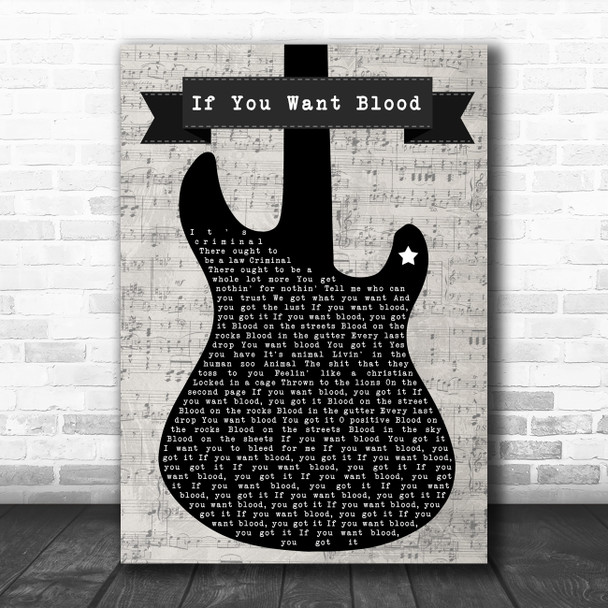 ACDC If You Want Blood (You've Got It) Electric Guitar Music Script Song Lyric Art Print