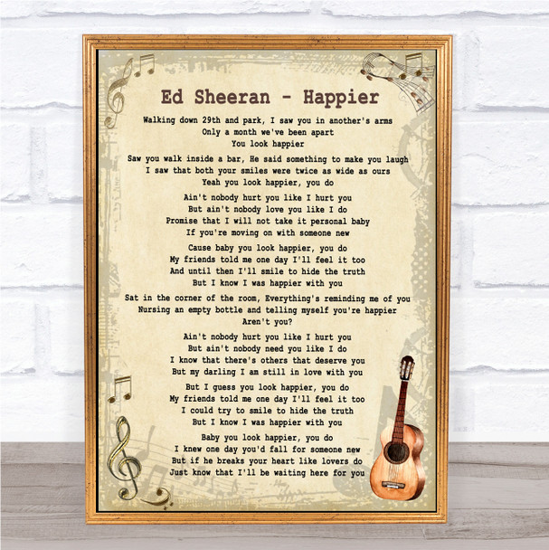 Ed Sheeran Happier Song Lyric Vintage Music Wall Art Print