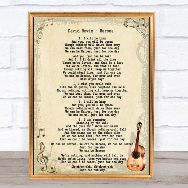 David Bowie Heroes Song Lyric Guitar Music Wall Art Print