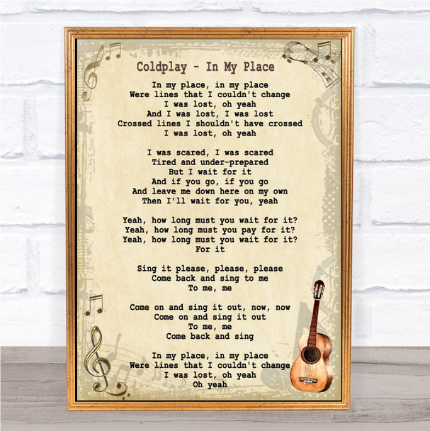 Coldplay In My Place Song Lyric Vintage Music Wall Art Print
