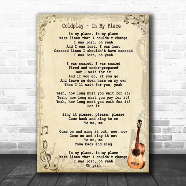 Coldplay In My Place Song Lyric Vintage Music Wall Art Print