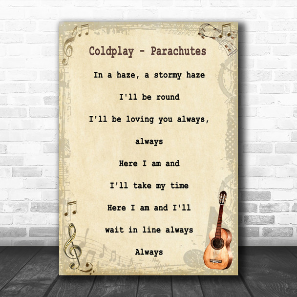 Coldplay Parachutes Song Lyric Vintage Music Wall Art Print