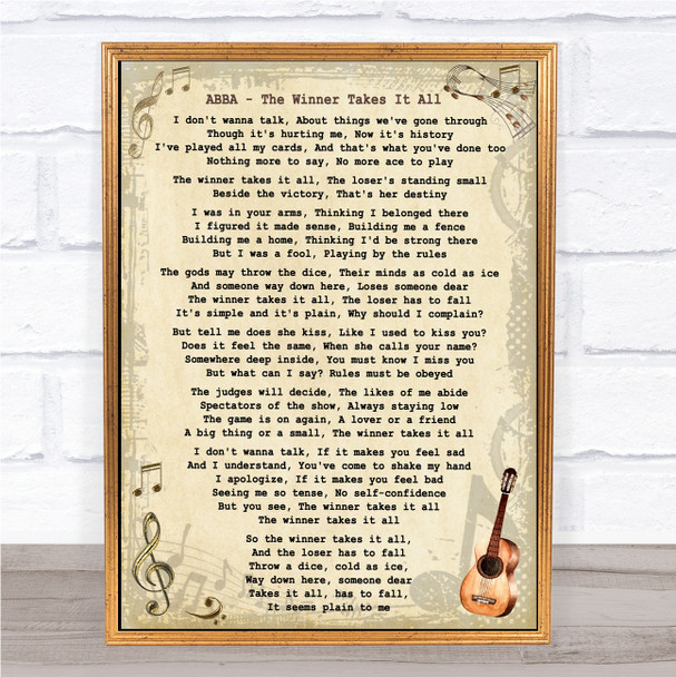 ABBA The Winner Takes It All Song Lyric Vintage Music Wall Art Print