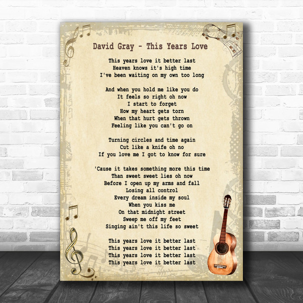 David Gray This Years Love Song Lyric Vintage Music Wall Art Print